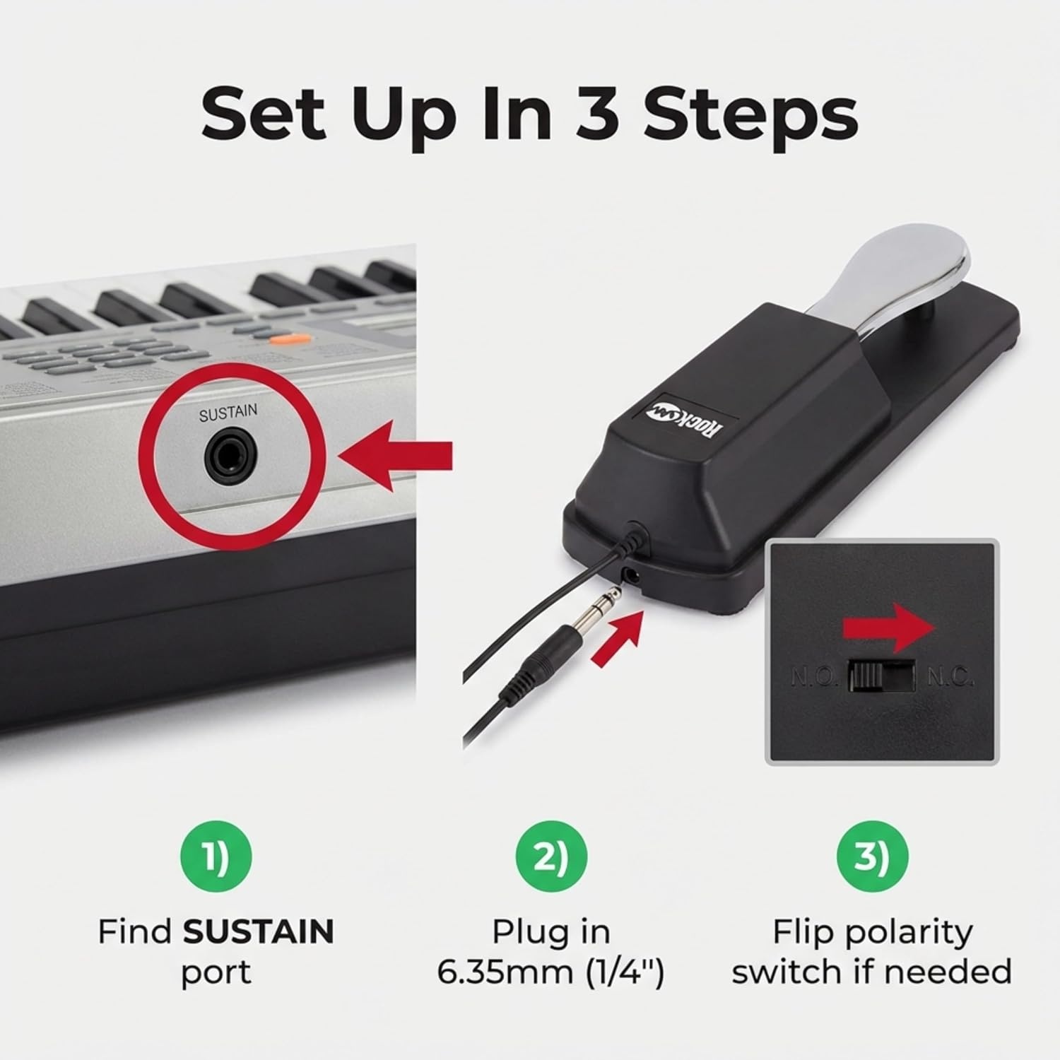 image:imageRockJam 635mm Sustain Pedal for Electronic Keyboards and Digital Pianos with Polarity Switch AntiSlip Rubber Bottom and 59 ft Cable Universal 635mm piano sustain pedal with polarity switch antislip base amp long cable for keyboardsSustain Pedal
