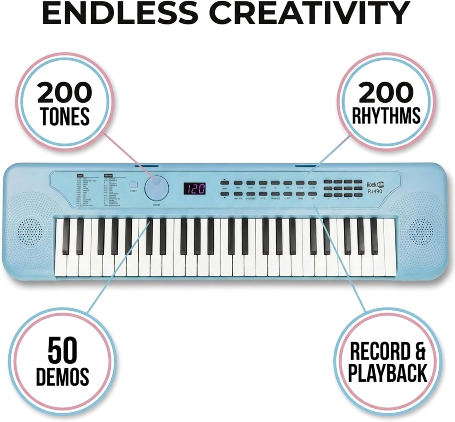image:imageRockJam RJ490 49 Key Mini Keyboard Piano with Speakers Baby Blue Portable mini keyboard piano with builtin speakers USBC or battery power and headphone jack for beginnersBaby Blue