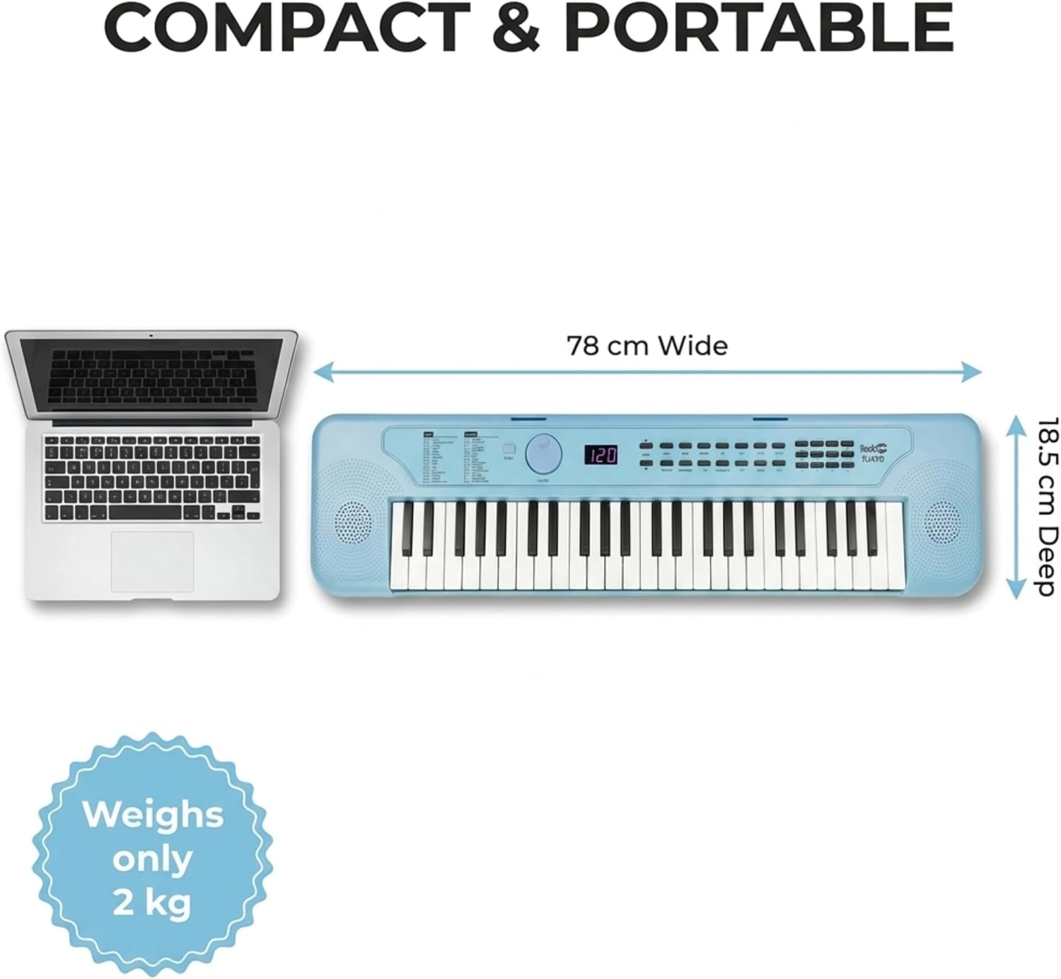 image:imageRockJam RJ490 49 Key Mini Keyboard Piano with Speakers Baby Blue Portable mini keyboard piano with builtin speakers USBC or battery power and headphone jack for beginnersBaby Blue