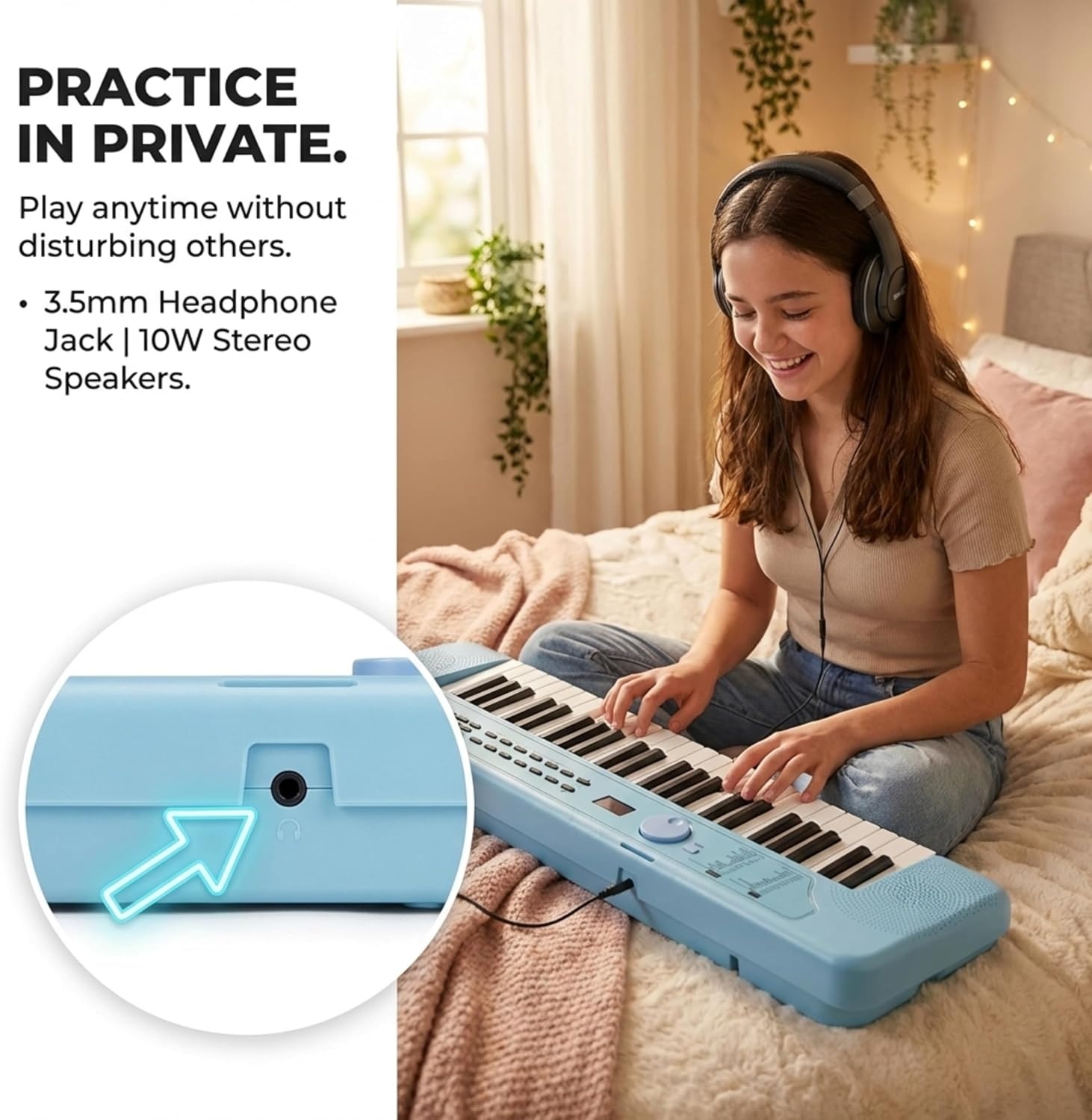 image:imageRockJam RJ490 49 Key Mini Keyboard Piano with Speakers Baby Blue Portable mini keyboard piano with builtin speakers USBC or battery power and headphone jack for beginnersBaby Blue