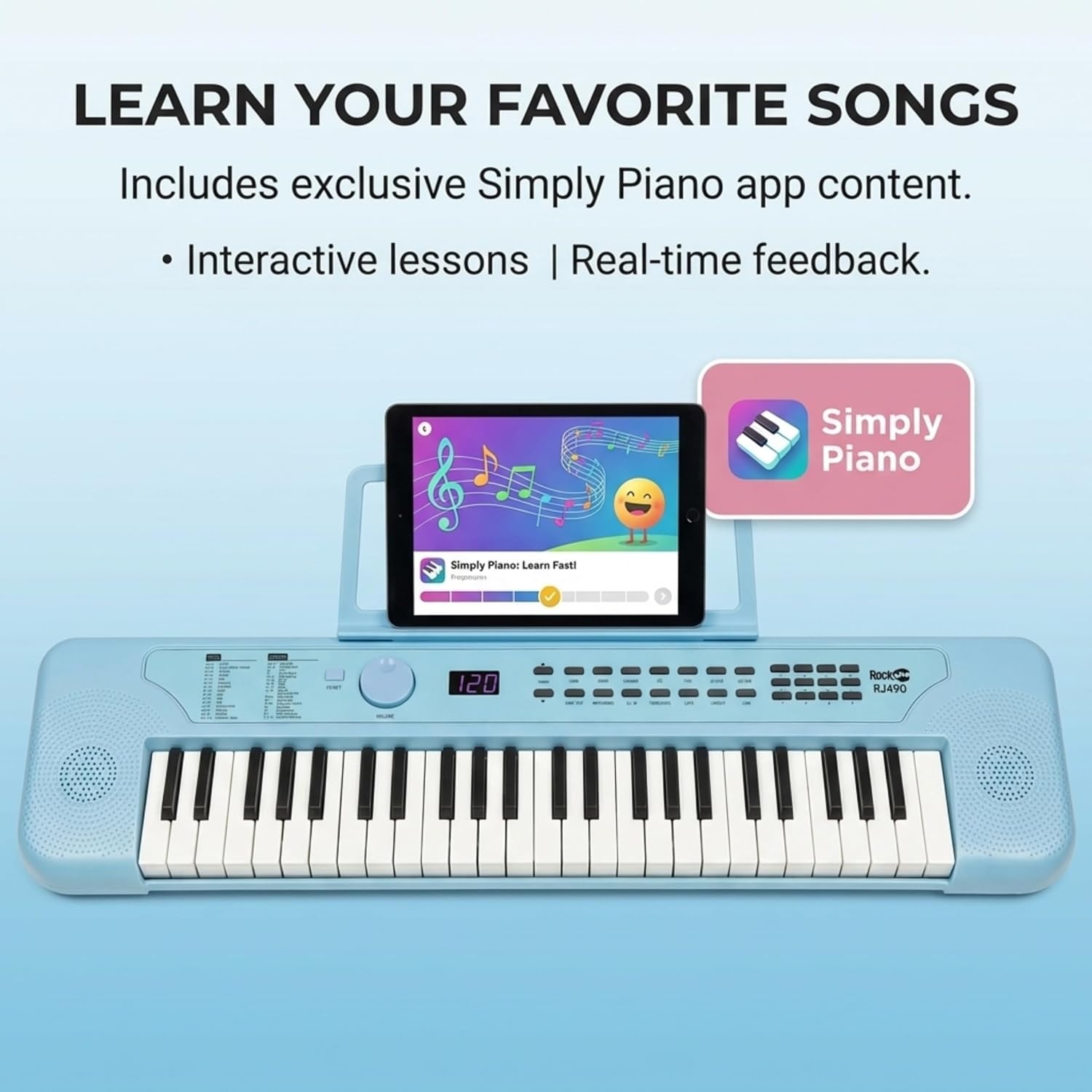 image:imageRockJam RJ490 49 Key Mini Keyboard Piano with Speakers Baby Blue Portable mini keyboard piano with builtin speakers USBC or battery power and headphone jack for beginnersBaby Blue