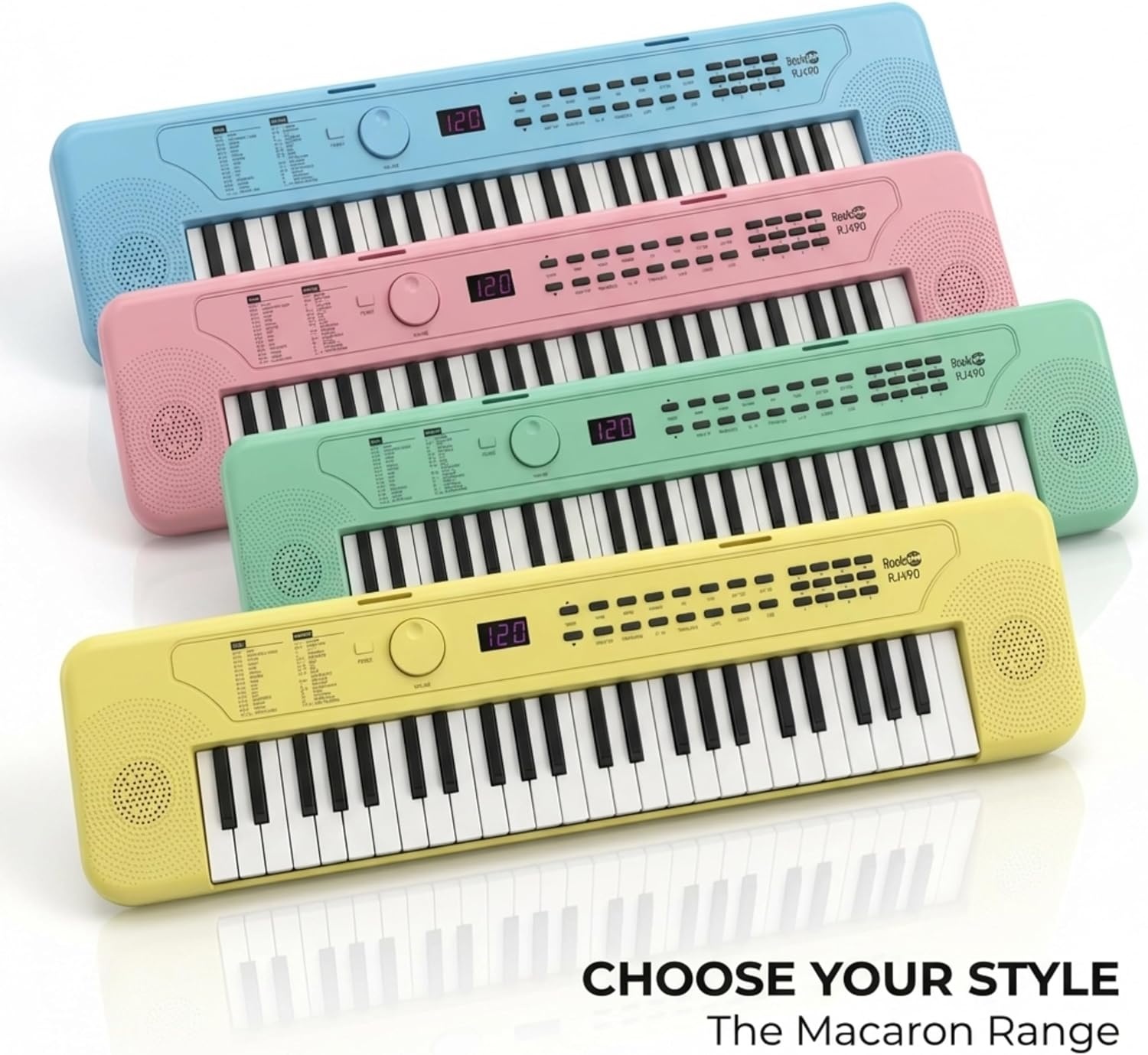 image:imageRockJam RJ490 49 Key Mini Keyboard Piano with Speakers Baby Blue Portable mini keyboard piano with builtin speakers USBC or battery power and headphone jack for beginnersBaby Blue