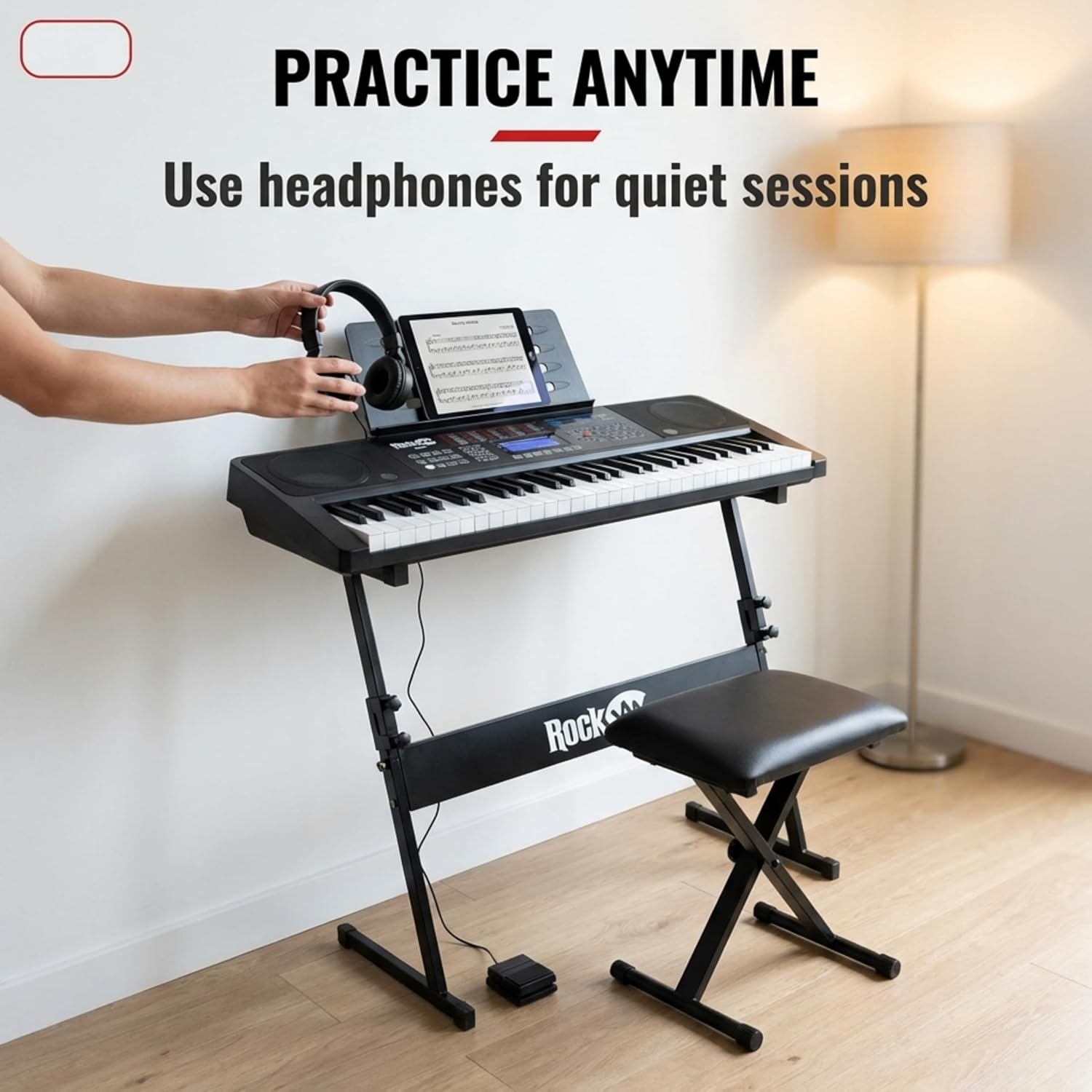 image:imageRockJam RJ561 61 Key Keyboard Piano Kit with Stand Stool amp Headphones61 Key Kit Sustain Pedal