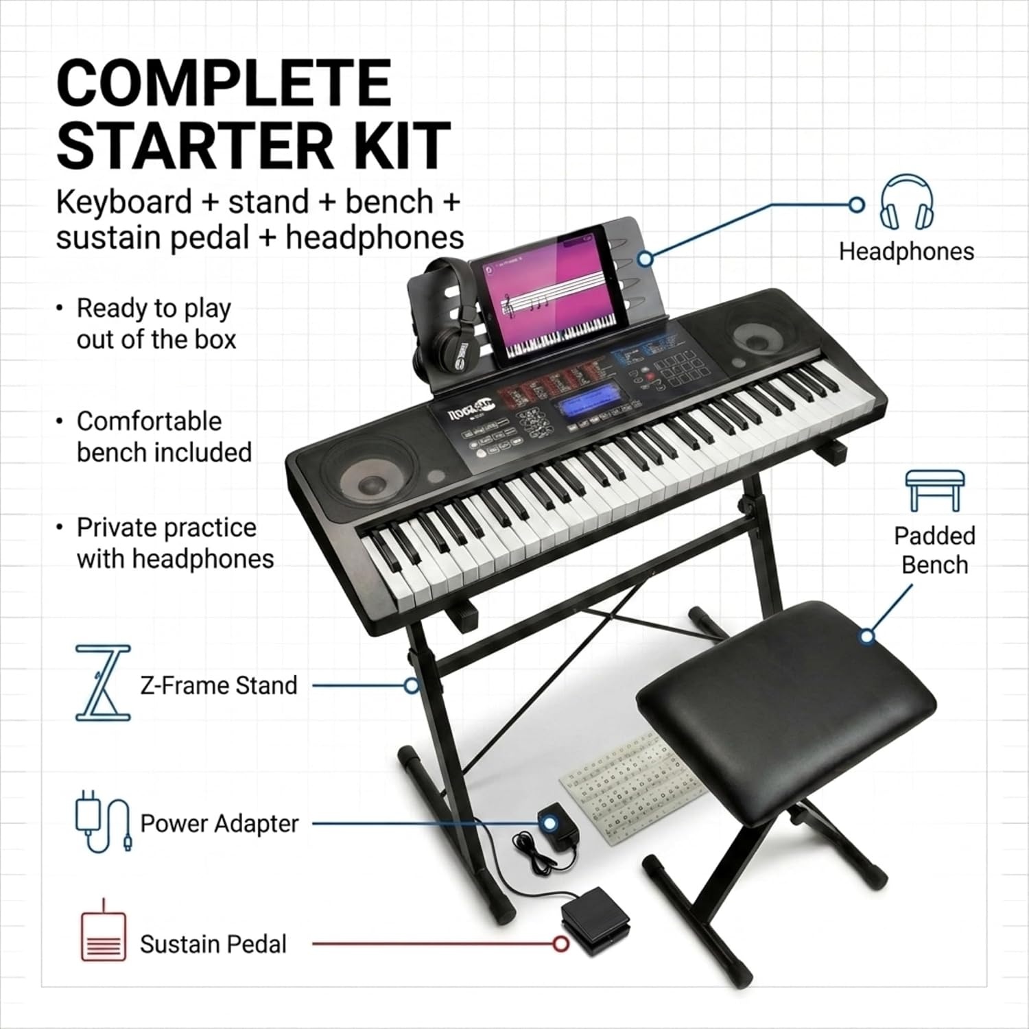 image:imageRockJam RJ561 61 Key Keyboard Piano Kit with Stand Stool amp Headphones61 Key Kit Sustain Pedal