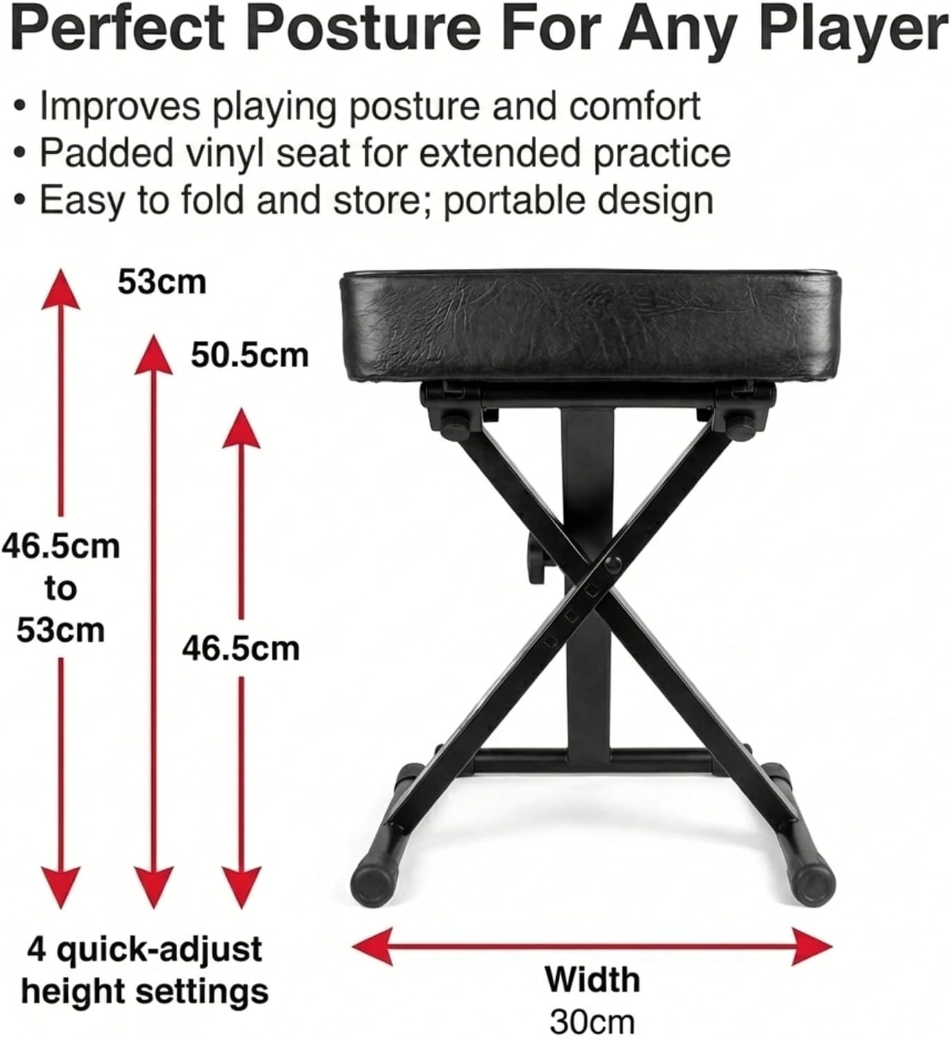 image:imageRockJam RJKBB100 Adjustable Padded Piano Bench Keyboard Stool Padded piano bench with 4 height settings and folding steel X frame for keyboard players kids and adultsPadded Keyboard Bench