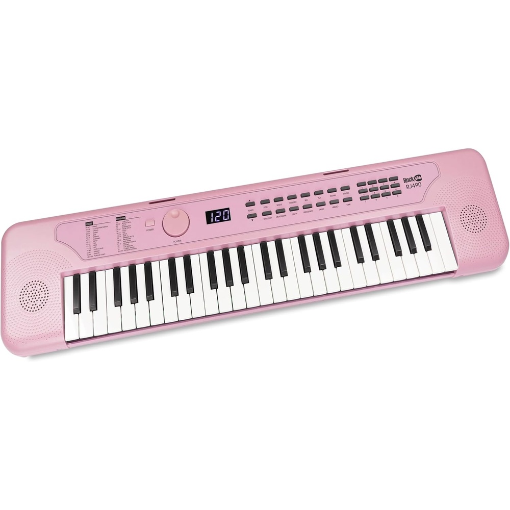 image:imageRockJam RJ490 49 Key Mini Keyboard Piano with Speakers Baby Blue  Portable mini keyboard piano with builtin speakers USBC or battery power and headphone jack for beginnersBaby Pink