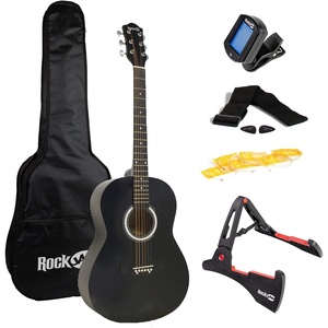 RockJam Full Size Acoustic Guitar Kit with Stand, Tuner & Bag, Black(Black)