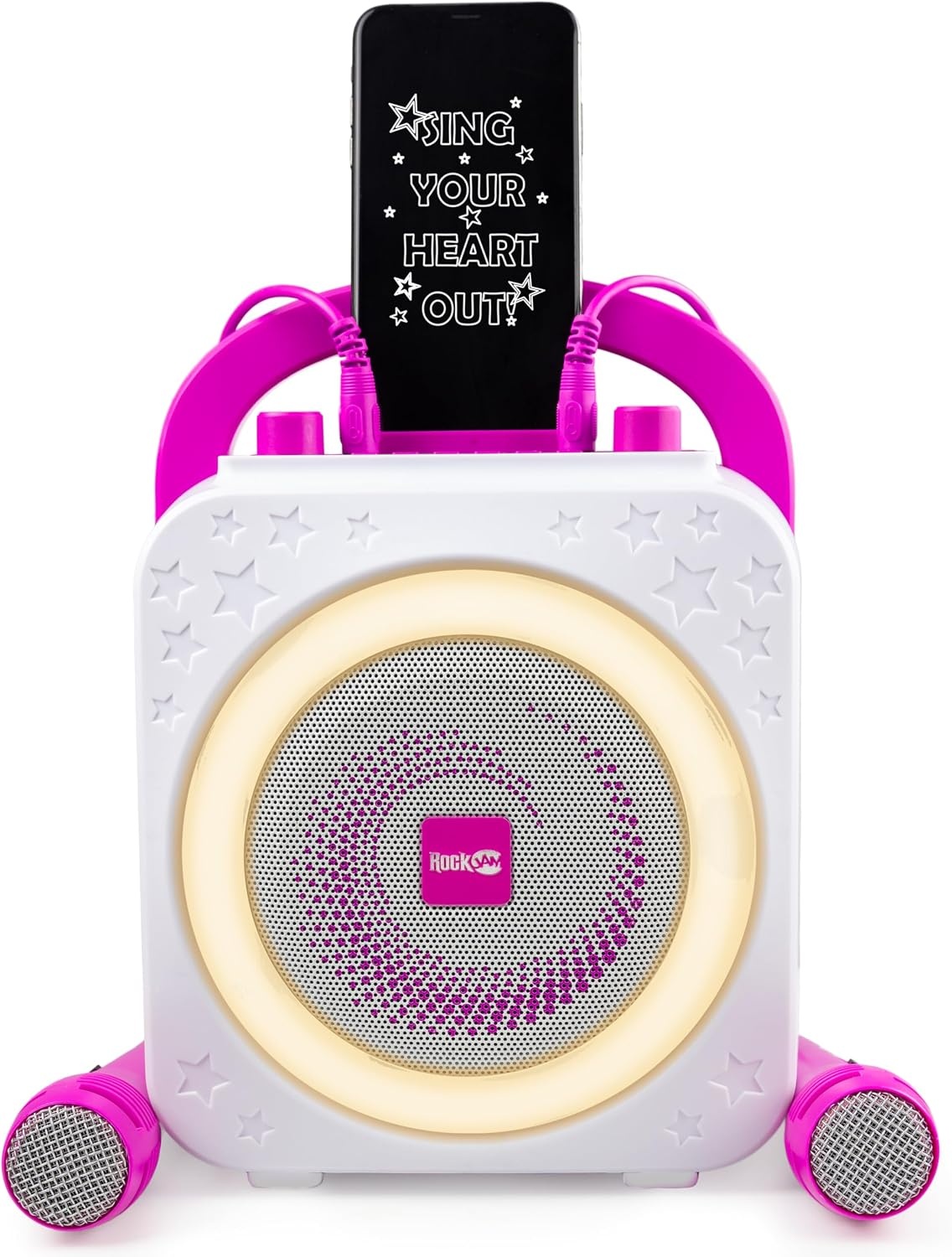 image:imageRockJam 10Watt Rechargeable Bluetooth Karaoke Machine with Two Mics Lightshow amp Voice EffectsPink