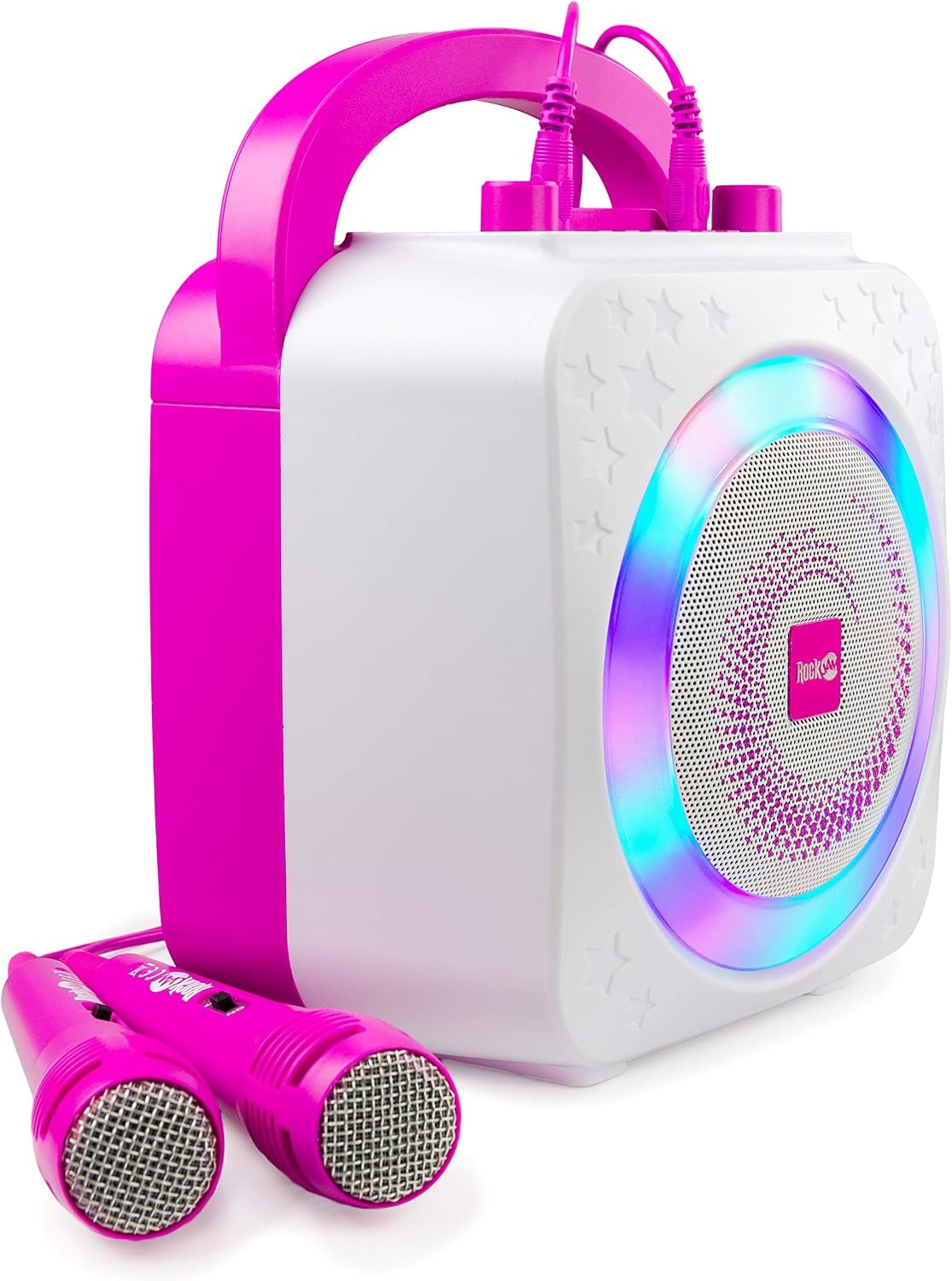 image:imageRockJam 10Watt Rechargeable Bluetooth Karaoke Machine with Two Mics Lightshow amp Voice EffectsPink