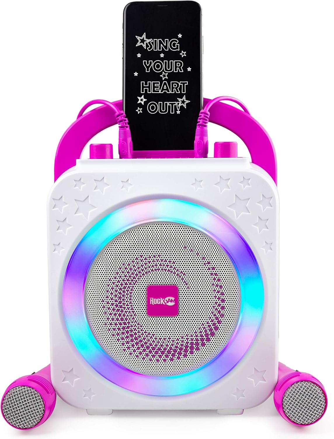 image:imageRockJam 10Watt Rechargeable Bluetooth Karaoke Machine with Two Mics Lightshow amp Voice EffectsPink