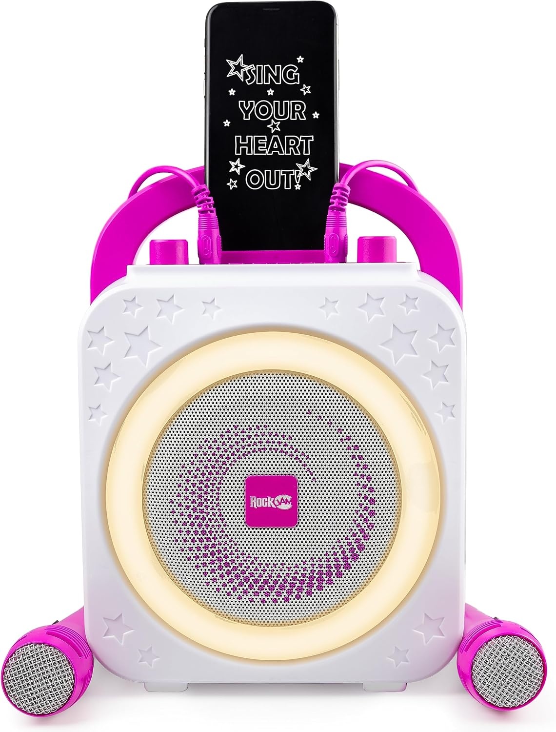 image:imageRockJam 10Watt Rechargeable Bluetooth Karaoke Machine with Two Mics Lightshow amp Voice EffectsPink