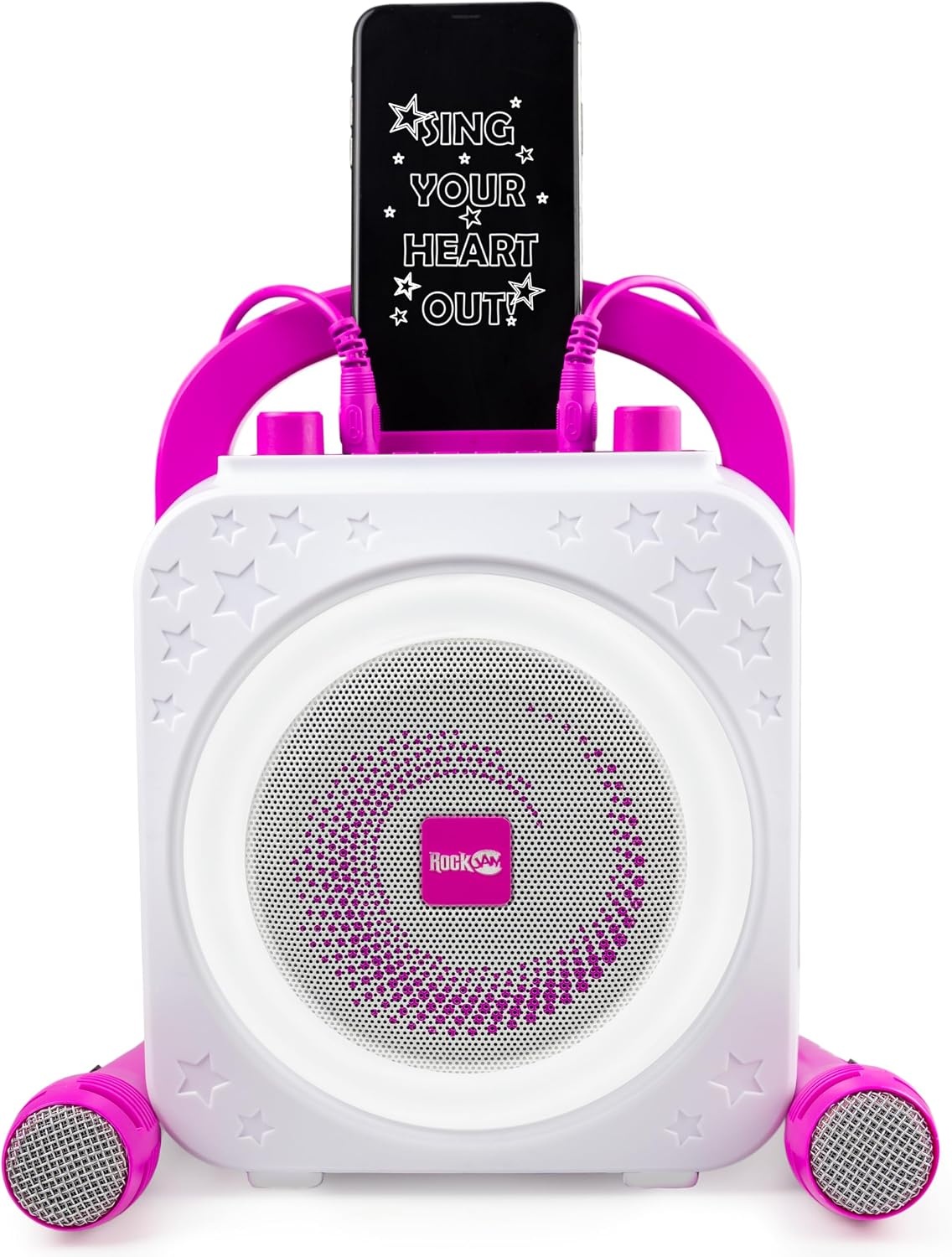 image:imageRockJam 10Watt Rechargeable Bluetooth Karaoke Machine with Two Mics Lightshow amp Voice EffectsPink