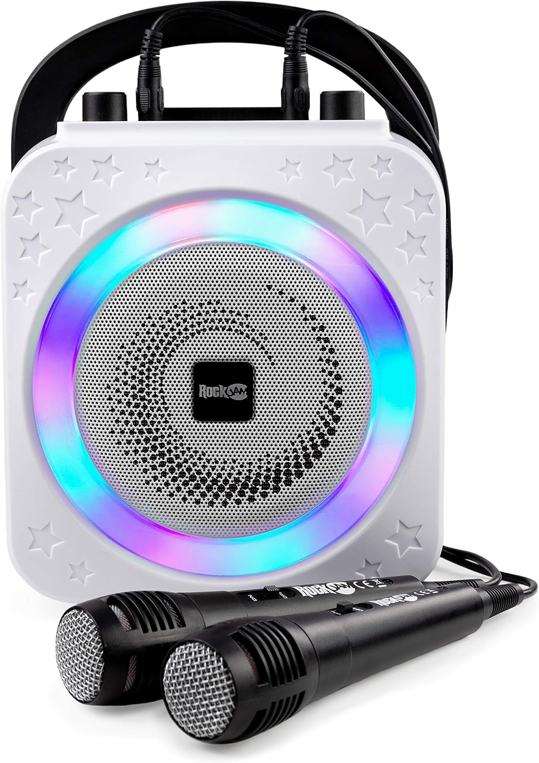 image:imageRockJam 10Watt Rechargeable Bluetooth Karaoke Machine with Two Mics Lightshow amp Voice EffectsRose Gold