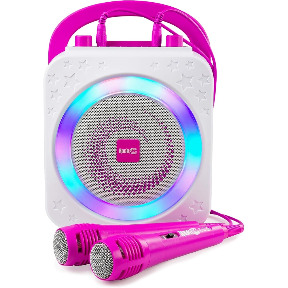 image:imageRockJam 10Watt Rechargeable Bluetooth Karaoke Machine with Two Mics Lightshow amp Voice EffectsPink