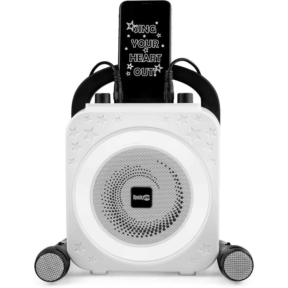 image:imageRockJam 10Watt Rechargeable Bluetooth Karaoke Machine with Two Mics Lightshow amp Voice EffectsRose Gold