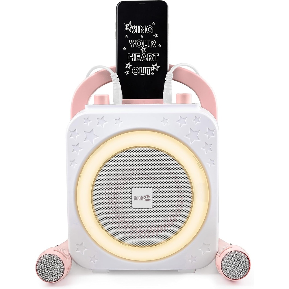 image:imageRockJam 10Watt Rechargeable Bluetooth Karaoke Machine with Two Mics Lightshow amp Voice EffectsWhite
