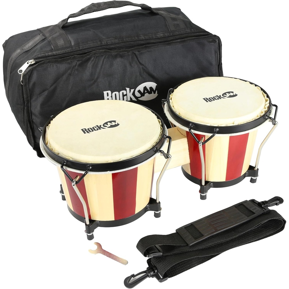 image:imageRockJam 7 amp 8 Inch Wood Bongo Drums with Bag amp Tuning Key RedNaturalRed Natural
