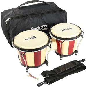 RockJam 7 & 8 Inch Wood Bongo Drums with Bag & Tuning Key, Red/Natural(Red & Natural)