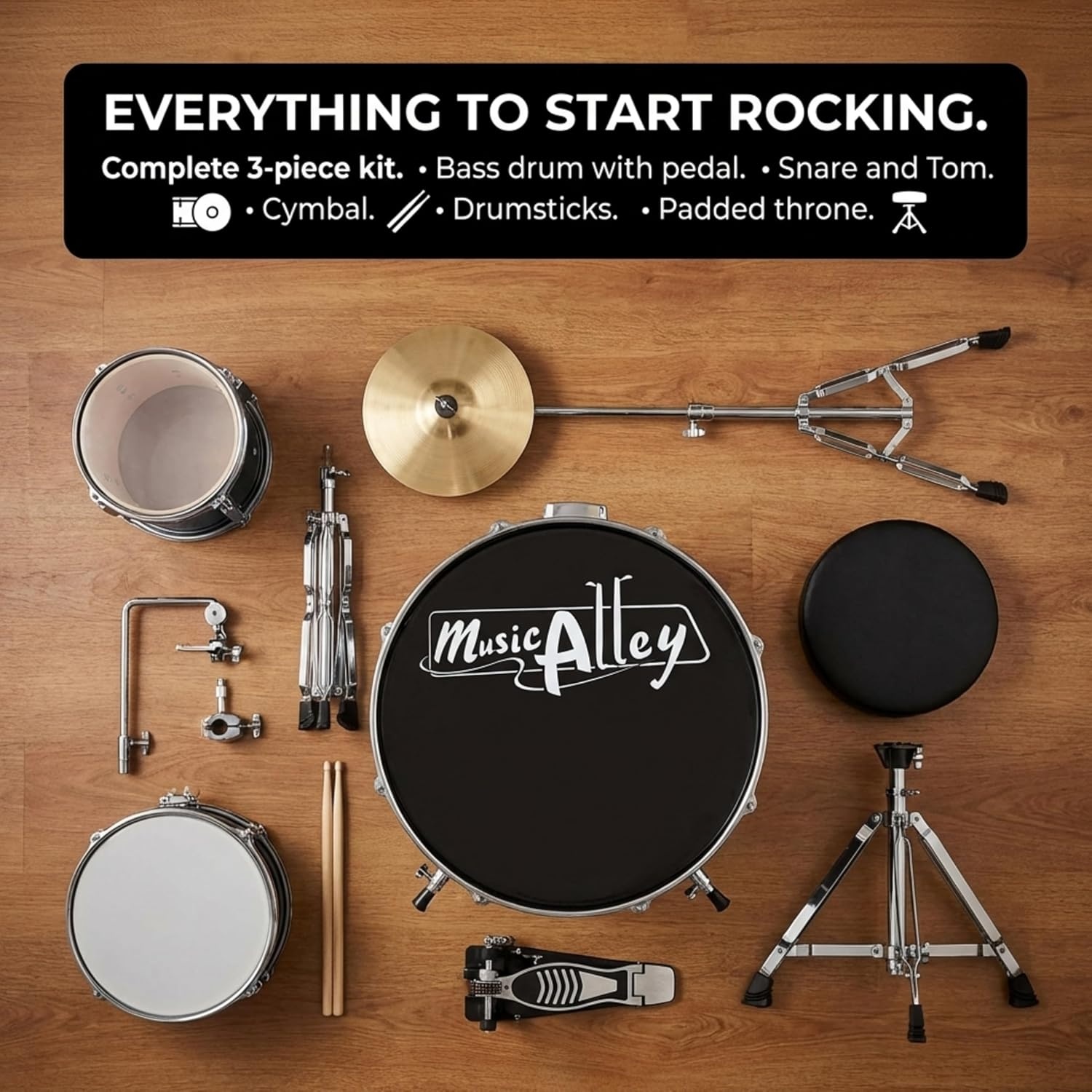 image:imageMusic Alley 3 Piece Kids Drum Set with Throne Cymbal amp Sticks BlueMetallic Black