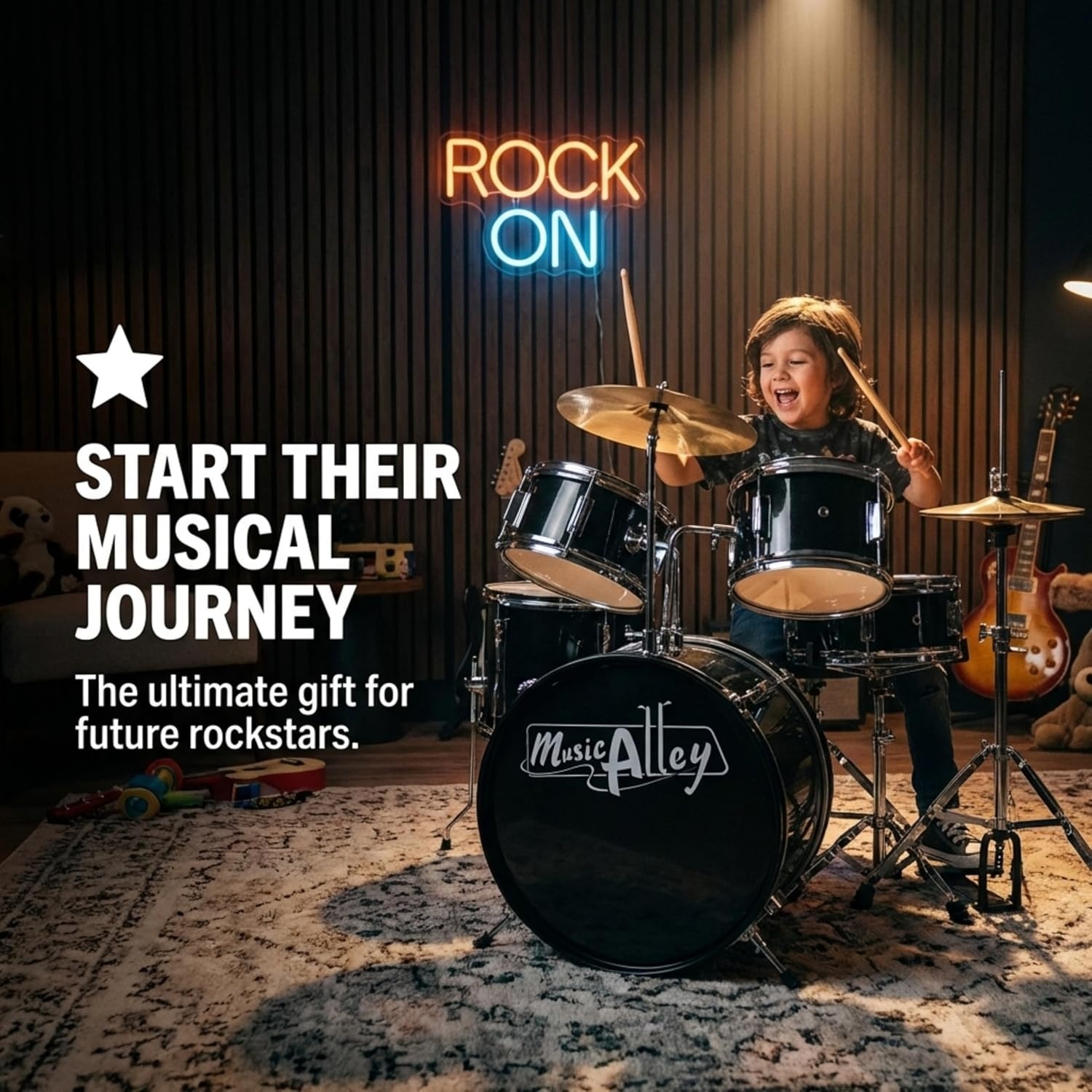 image:imageMusic Alley 3 Piece Kids Drum Set with Throne Cymbal amp Sticks BlueMetallic Black