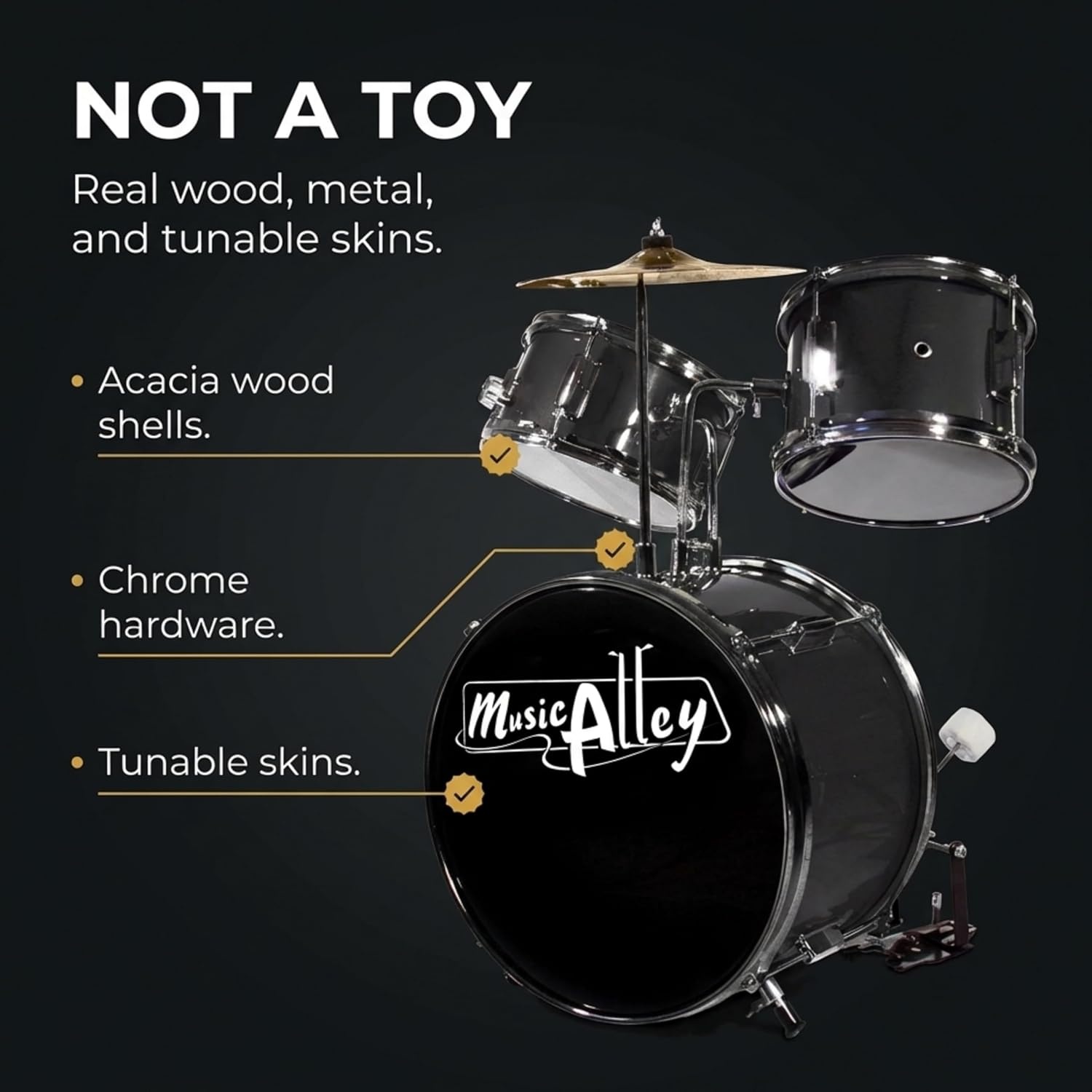 image:imageMusic Alley 3 Piece Kids Drum Set with Throne Cymbal amp Sticks BlueMetallic Black