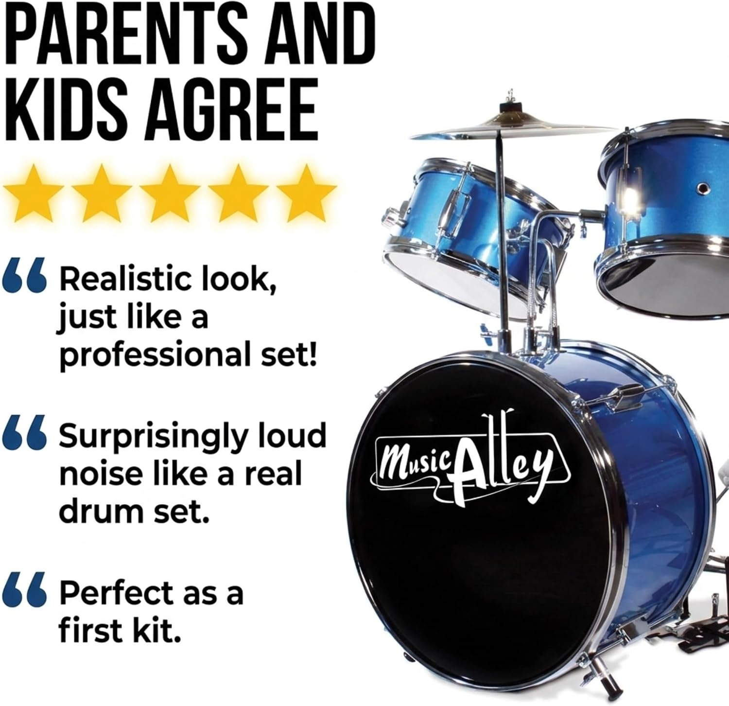 image:imageMusic Alley 3 Piece Kids Drum Set with Throne Cymbal amp Sticks BlueMetallic Blue