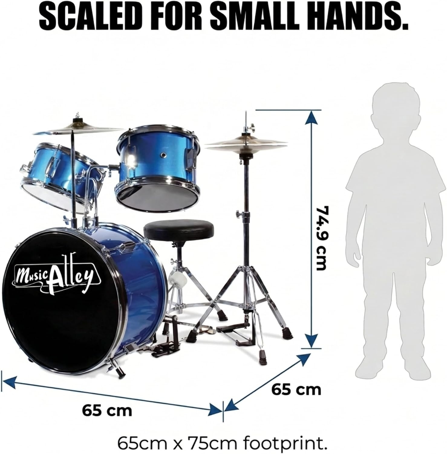 image:imageMusic Alley 3 Piece Kids Drum Set with Throne Cymbal amp Sticks BlueMetallic Blue