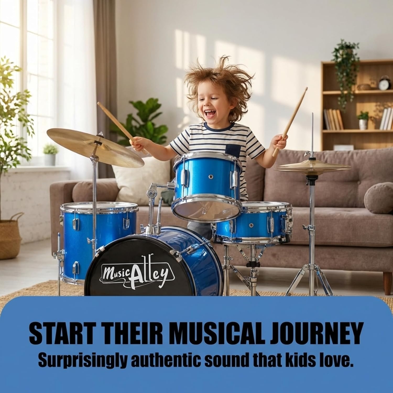 image:imageMusic Alley 3 Piece Kids Drum Set with Throne Cymbal amp Sticks BlueMetallic Blue