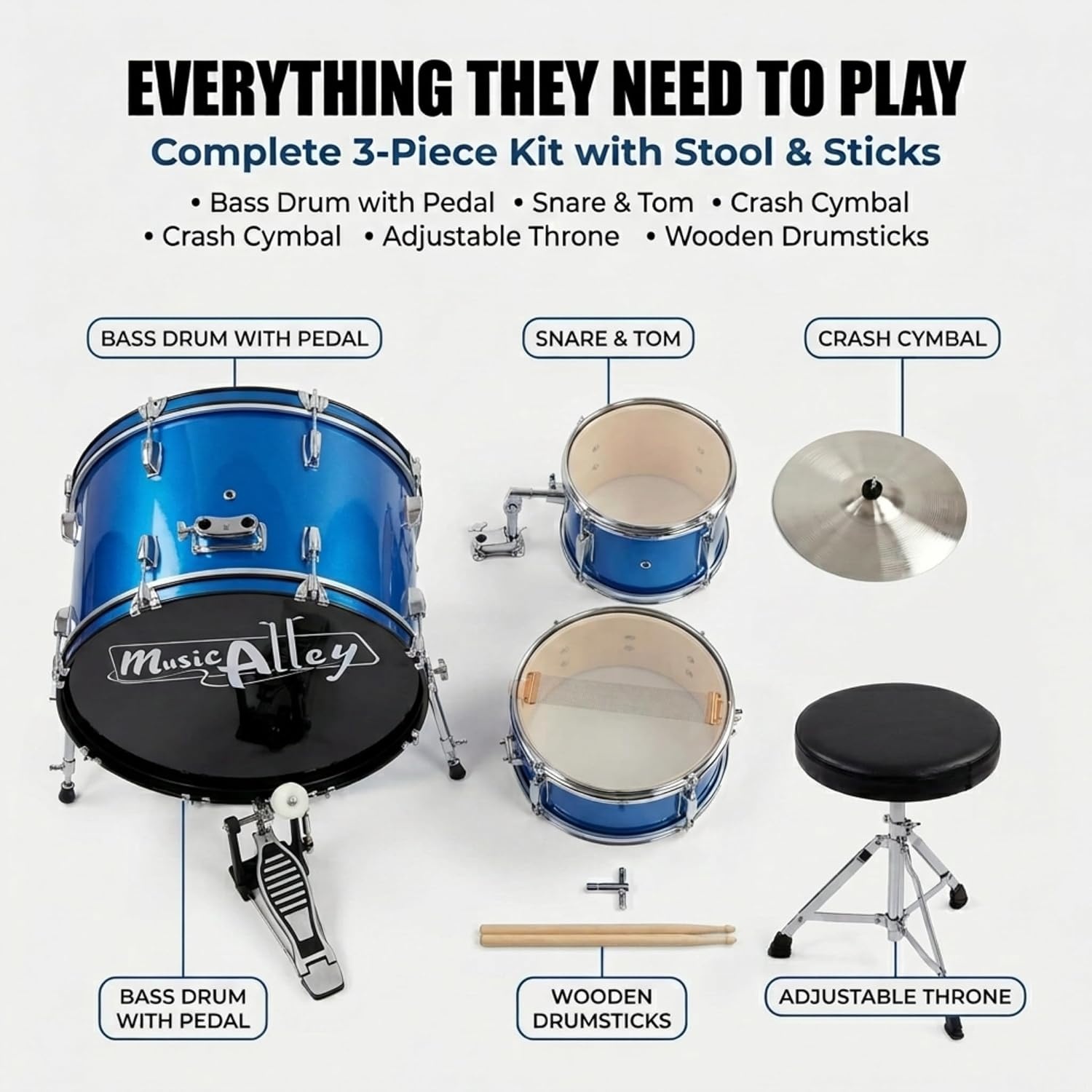 image:imageMusic Alley 3 Piece Kids Drum Set with Throne Cymbal amp Sticks BlueMetallic Blue
