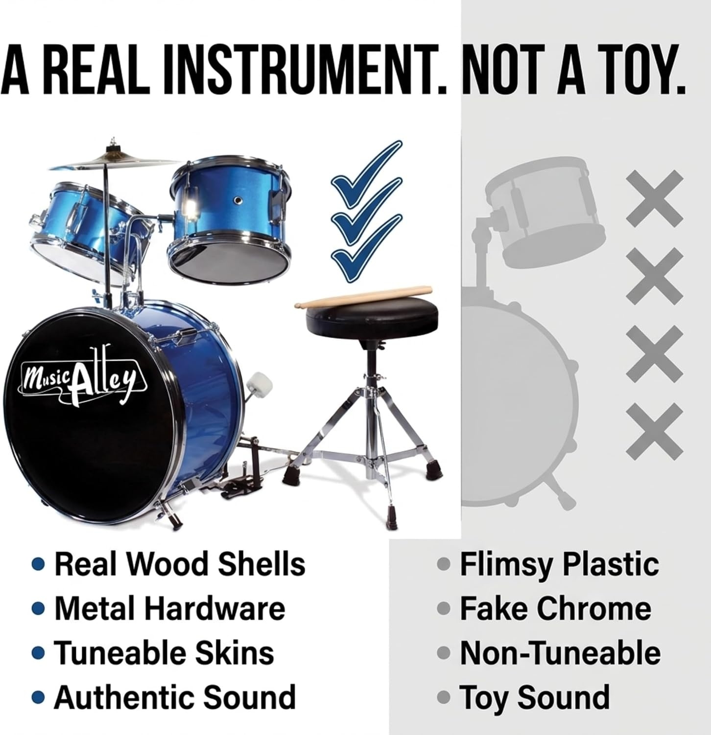 image:imageMusic Alley 3 Piece Kids Drum Set with Throne Cymbal amp Sticks BlueMetallic Blue