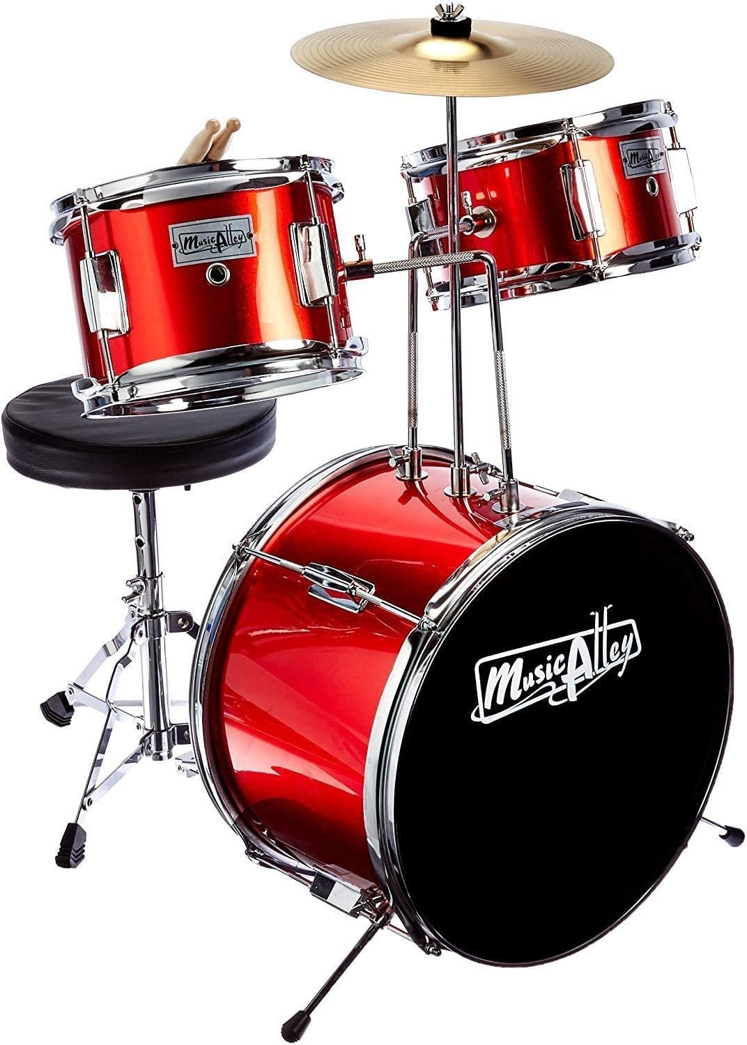 image:imageMusic Alley 3 Piece Kids Drum Set with Throne Cymbal amp Sticks BlueMetallic Red